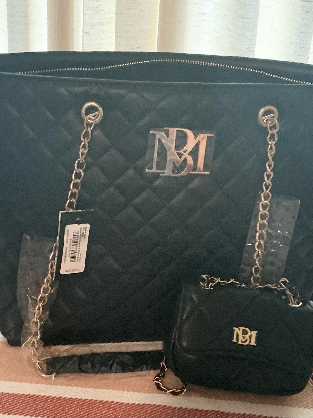 NWT Badgley Mischka Black Quilted Tote & Mini-Me Set